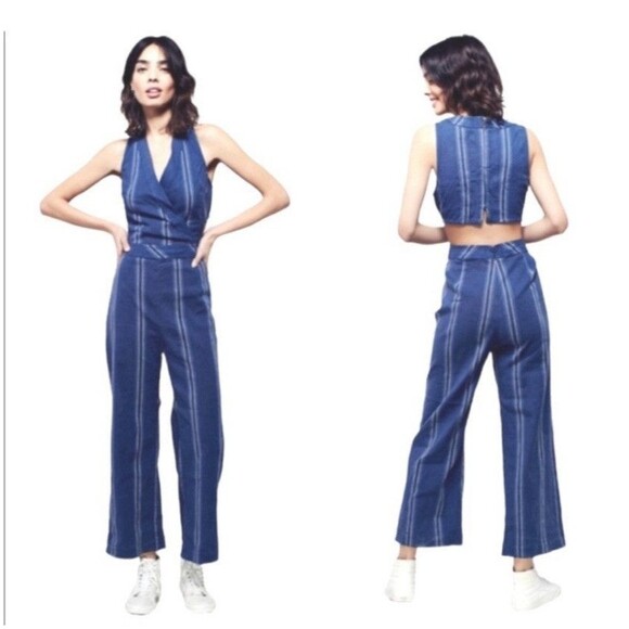 Free People Jumpsuit Jumper Womens 6 Linen Blue Striped Open Back Moonlight Mile - Picture 1 of 11